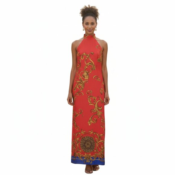 Marciano Red Halter Maxi Dress with Gold Accents | Wedding Guest | Size 10 - Picture 1 of 12